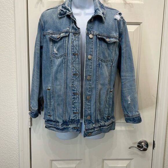 Madewell Oversized Blue Denim Jean Trucker Jacket Junction Wash XSmall Distress - Picture 1 of 15